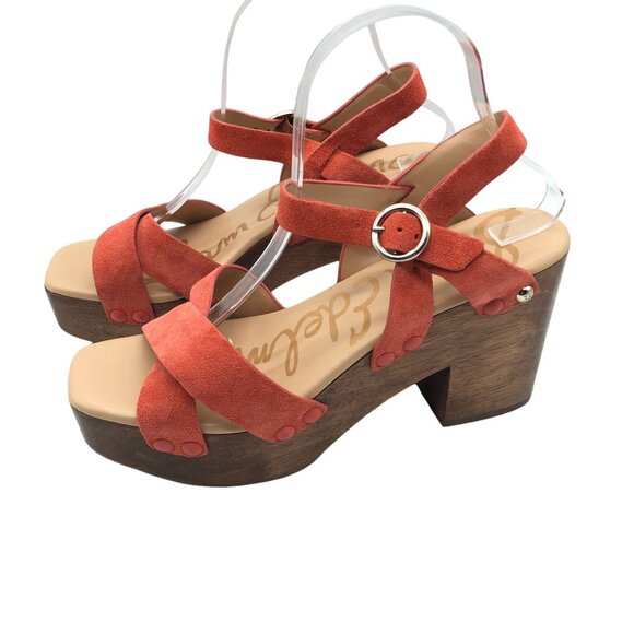Sam Edelman Josefine Platform Sandals Wooden Clog Heel Leather Orange 9.5 - Picture 4 of 10